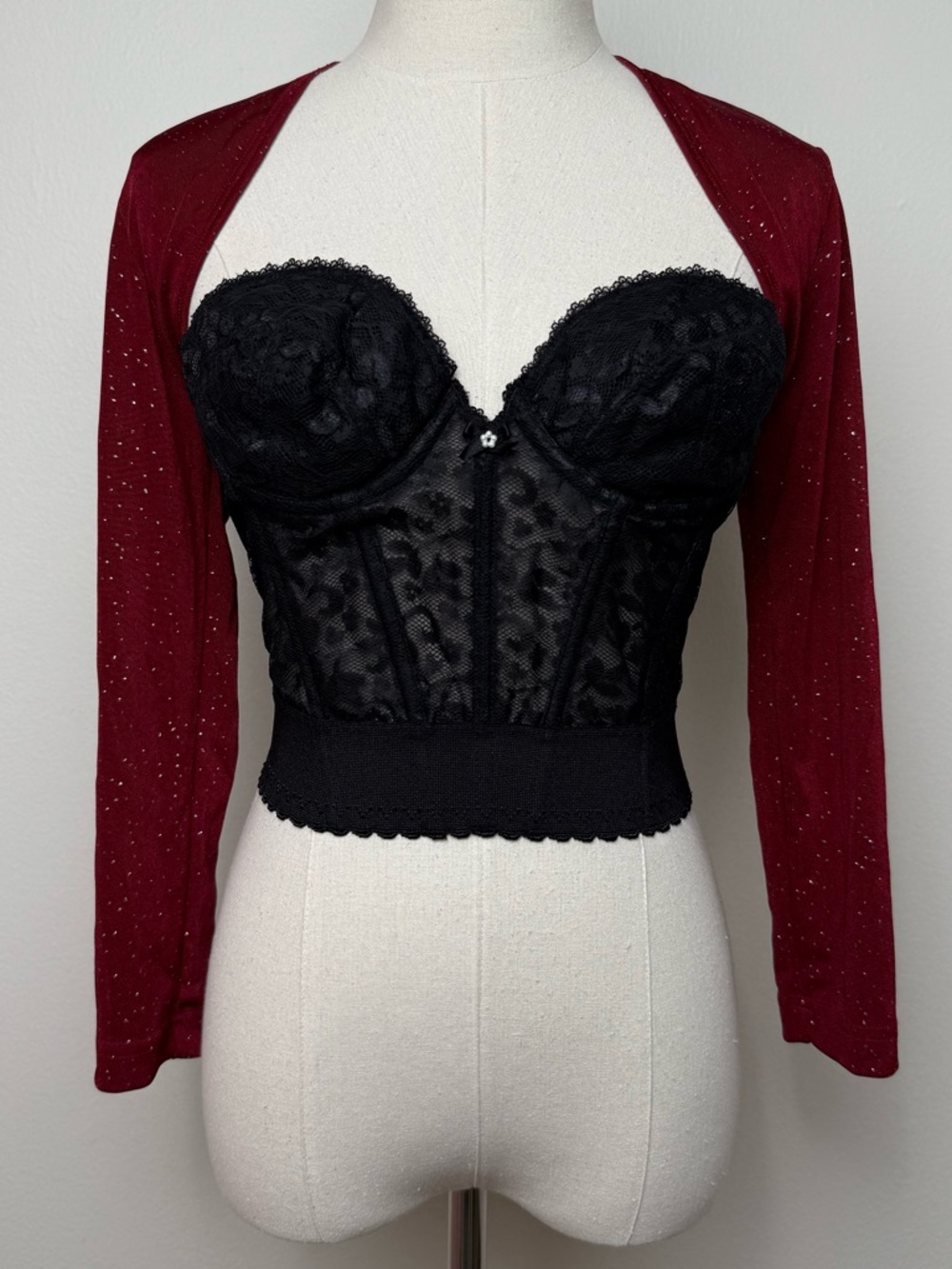 Vintage 90s Burgundy Red Silver Glitter Slinky Shrug Top Bolero Medium